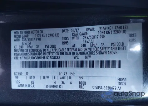 2017 Ford Escape Se из США, поврежденный, VIN 1FMCU0G99HUC53033